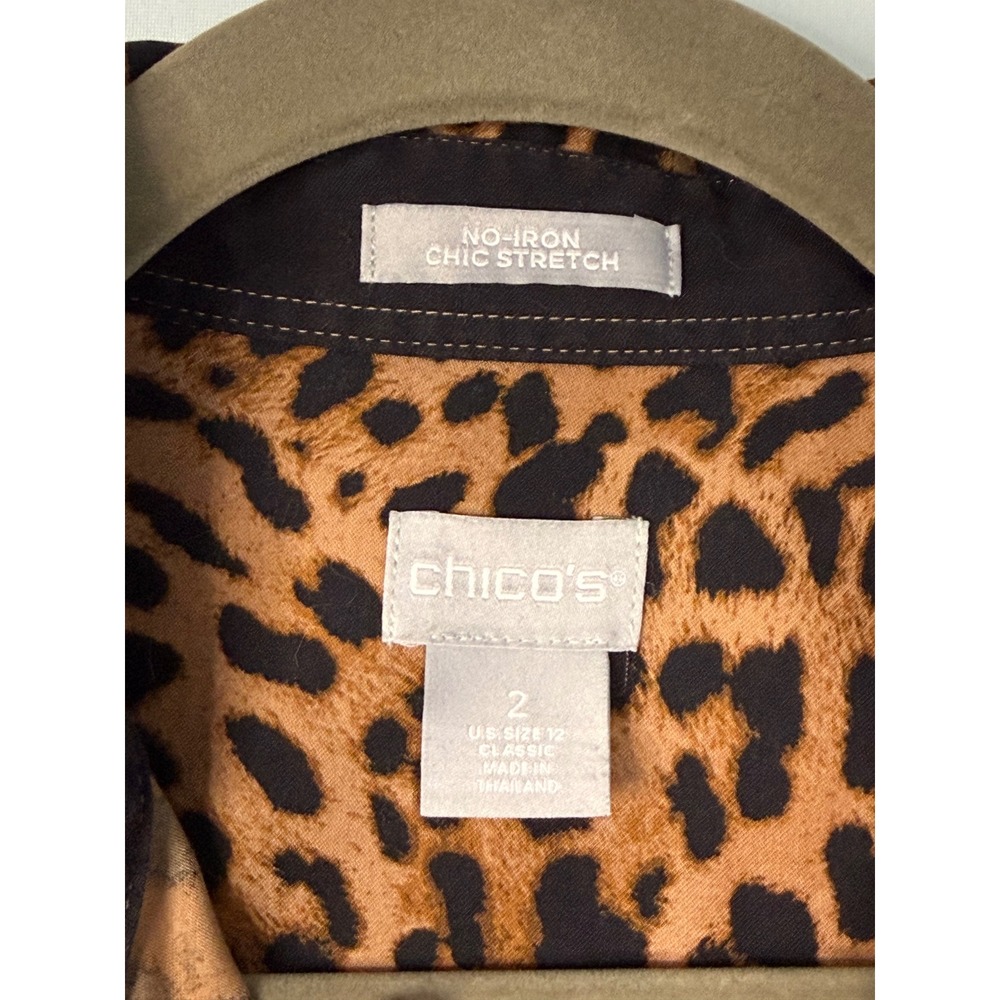 Chicos Leopard Print No-Iron Chic Stretch Button Down Shirt‎ 2 L Brown Black - Picture 2 of 5
